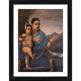 Multicolored painting depicting a mother and child in a natural setting. The mother is pointing towards cows