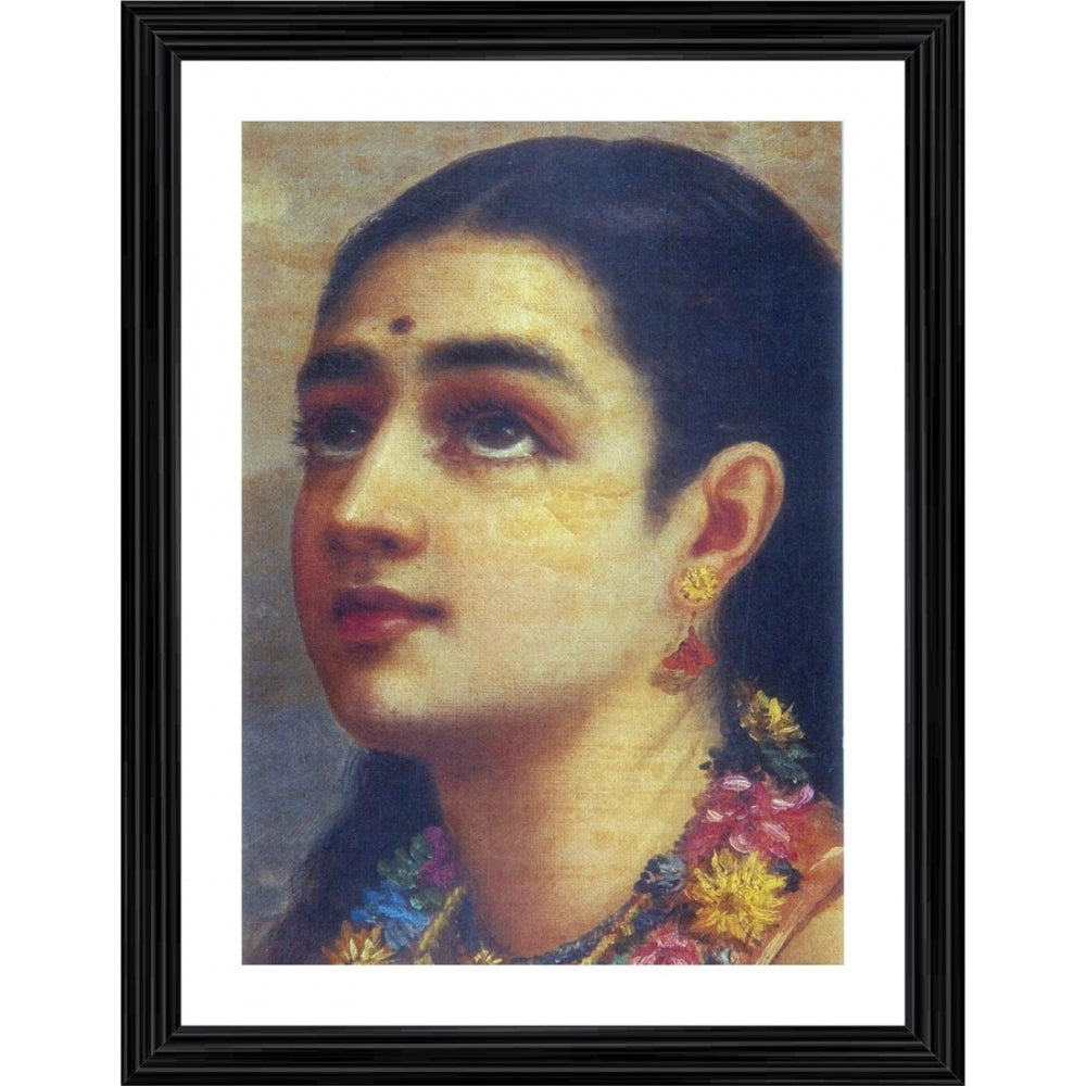 Vintage framed painting of a woman, traditional Indian attire, multicolored