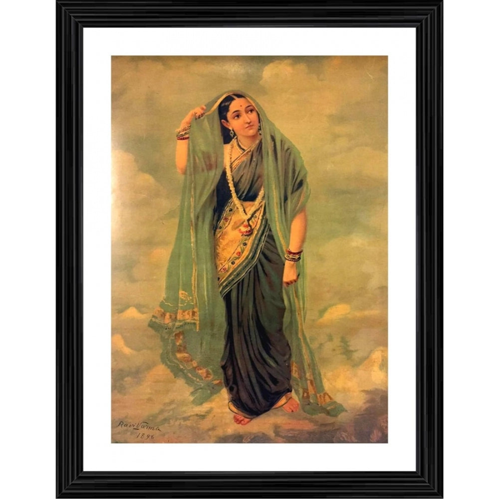 Multi-colored art print of Rambha, a historical figure, in a vintage photo frame with a wood texture