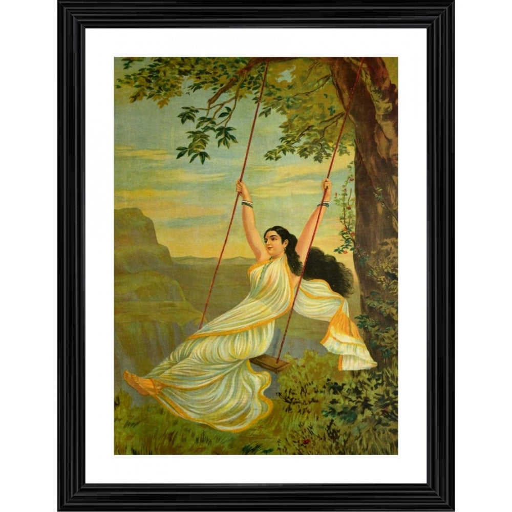 Artistic painting of a woman swinging in a vintage setting, enclosed in a wood photo frame