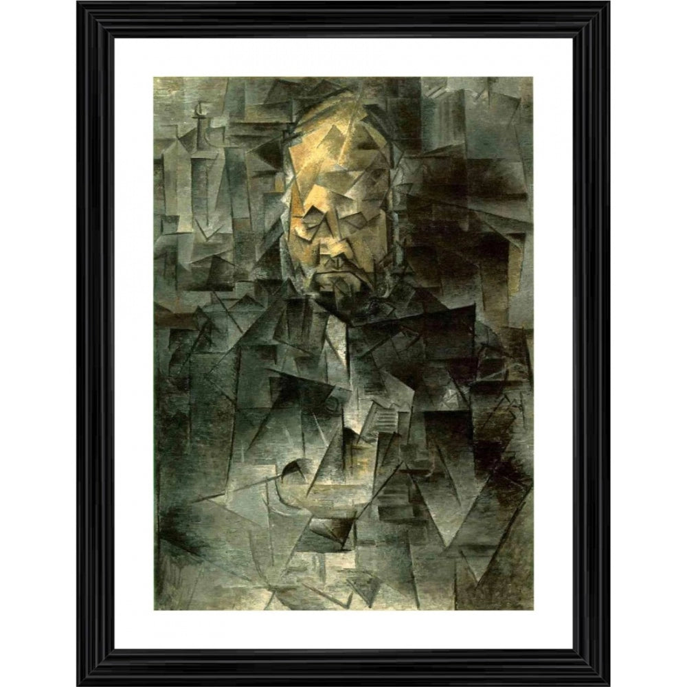 Portrait of Ambroise Vollard, 1910, painting with wood photo frame, showcasing his contemplative expression. The artwork captures the intricate details of his attire and features. This painting is encased in a wooden frame. The style and genre of this piece are reminiscent of cubism art