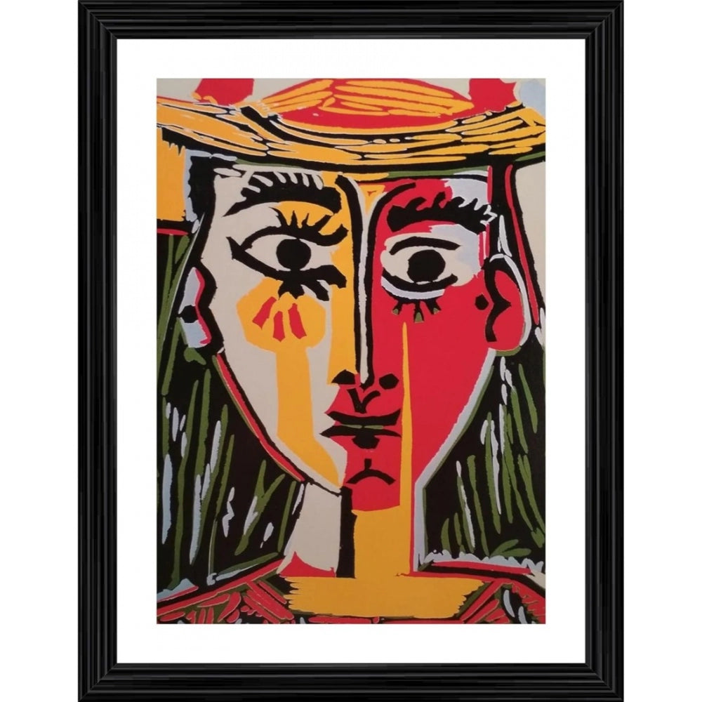 Head of a woman wearing a hat, multicolor artwork with wood frame and glass pane, framed painting from 1962
