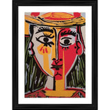 Head of a woman wearing a hat, multicolor artwork with wood frame and glass pane, framed painting from 1962