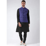 Blue jacquard printed full sleeve waistcoat with mandarin neck and button closure, men's formal wear on hanger