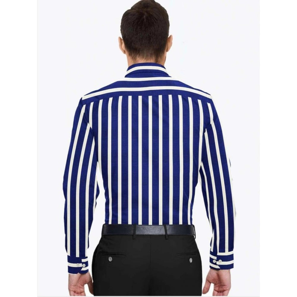 Men's Cotton Blended Striped Full Sleeve Shirt (White-Blue) - GillKart