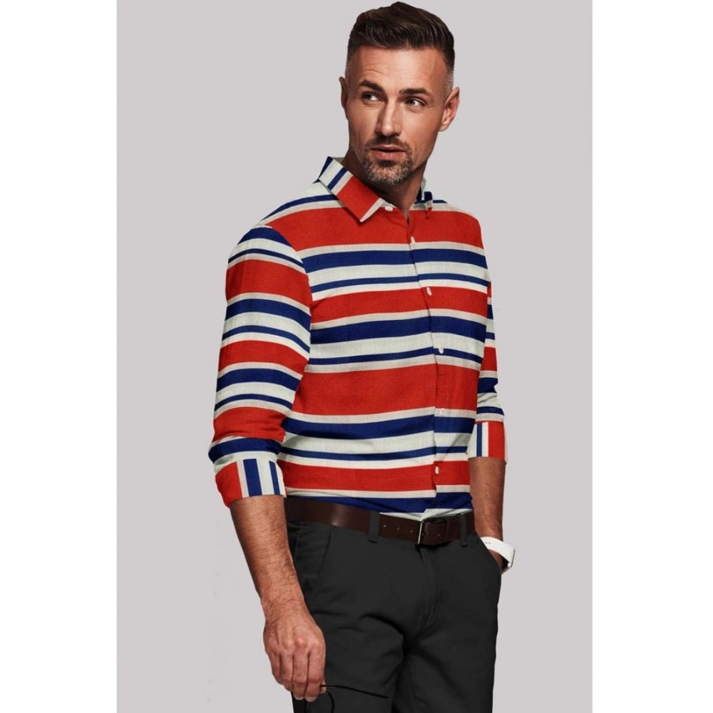 Red-Blue cotton blended striped men's full sleeve shirt on hanger