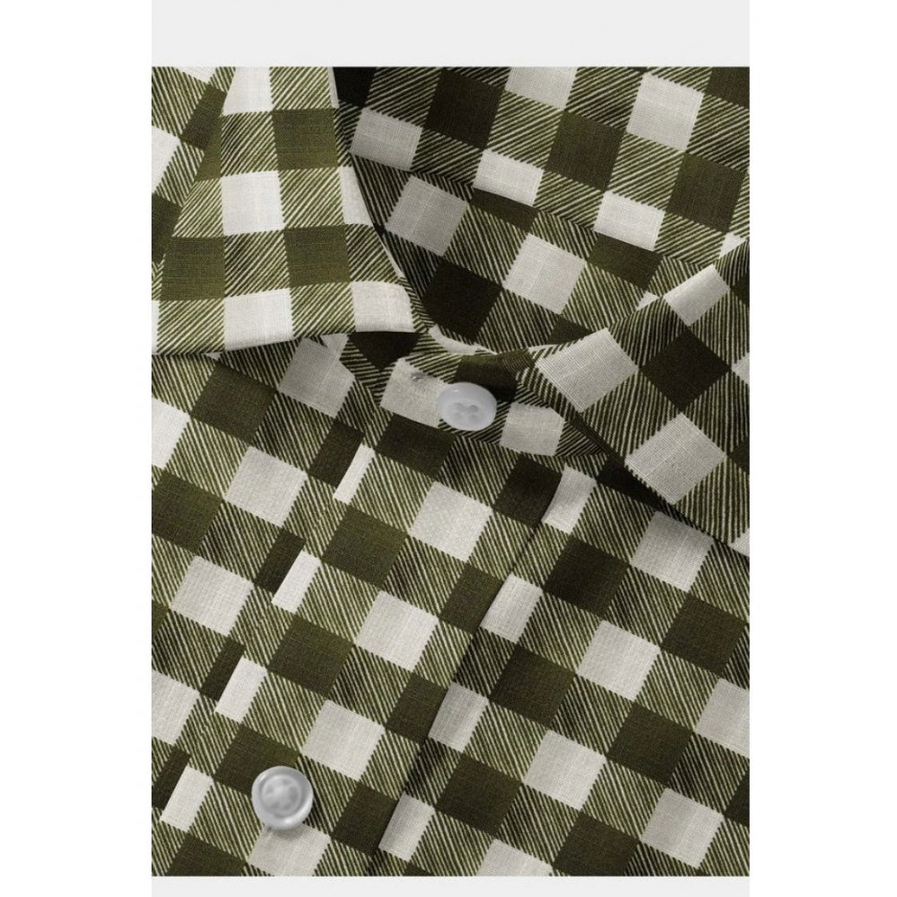 White-Green Cotton Blended Checked Men's Full Sleeve Shirt on hanger