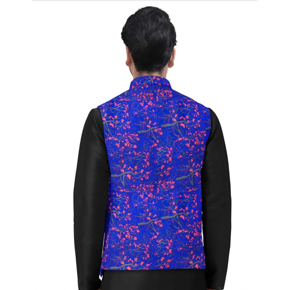 Blue Jacquard Printed Men's Waistcoat with Mandarin Neck and Full Sleeves