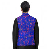 Blue Jacquard Printed Men's Waistcoat with Mandarin Neck and Full Sleeves