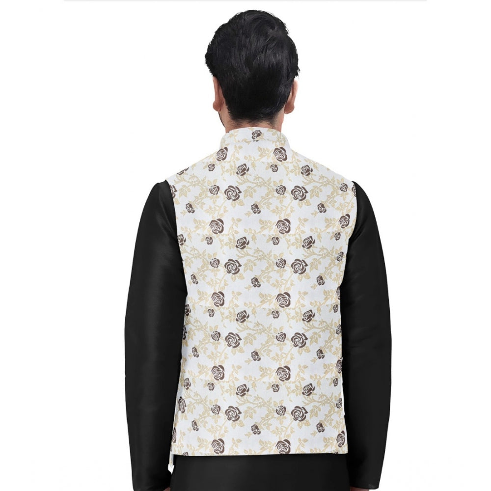 This is an image of a full sleeve waistcoat with a beige jacquard print