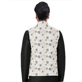 This is an image of a full sleeve waistcoat with a beige jacquard print