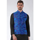 Blue jacquard printed full sleeve waistcoat with mandarin collar and button closure, men's formal wear on mannequin