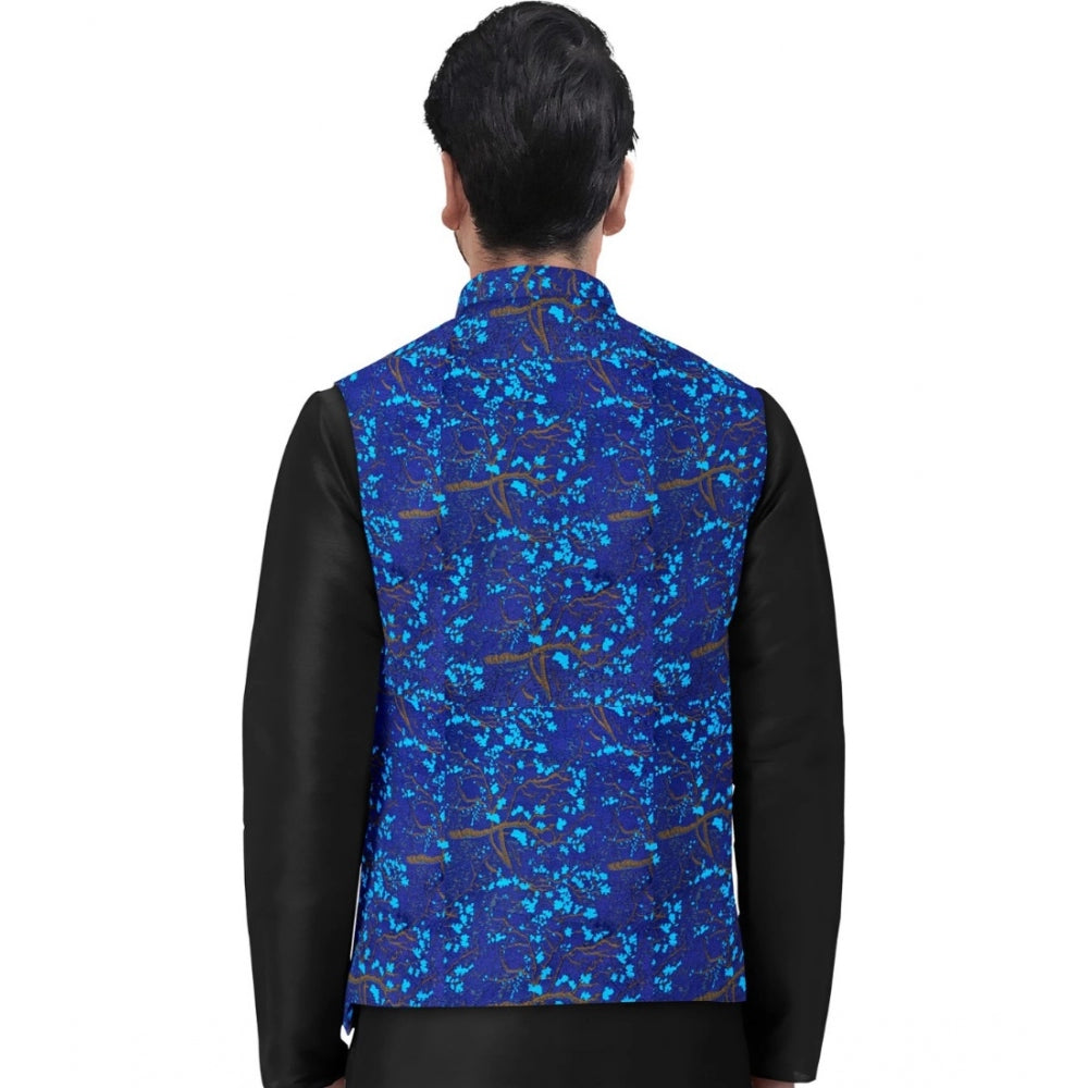 Blue jacquard printed full sleeve waistcoat with mandarin collar and button closure, intricate pattern details visible on men's formal attire