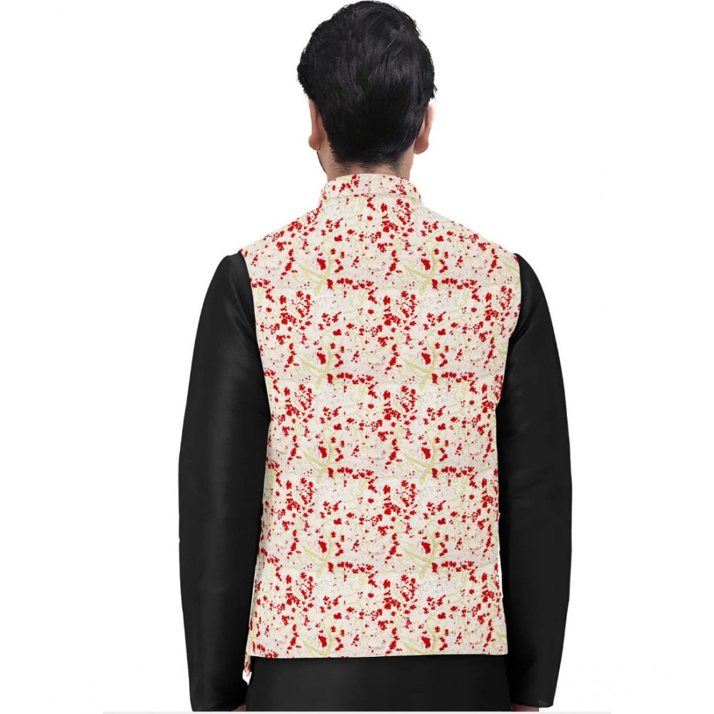 Red-Beige jacquard printed men's waistcoat with mandarin neck and full sleeves on display