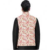 Red-Beige jacquard printed men's waistcoat with mandarin neck and full sleeves on display