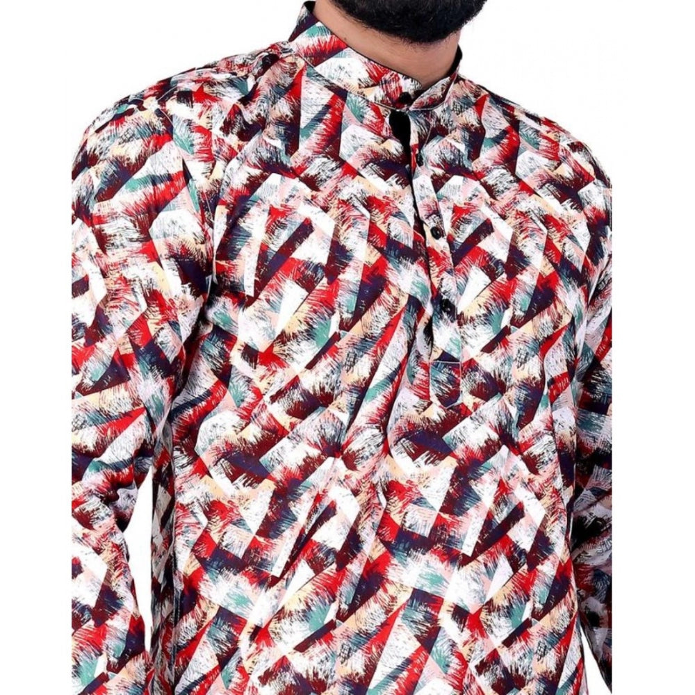 Multicolor cotton-blended men's short kurta with printed design, mandarin neck, full sleeves, and button closure
