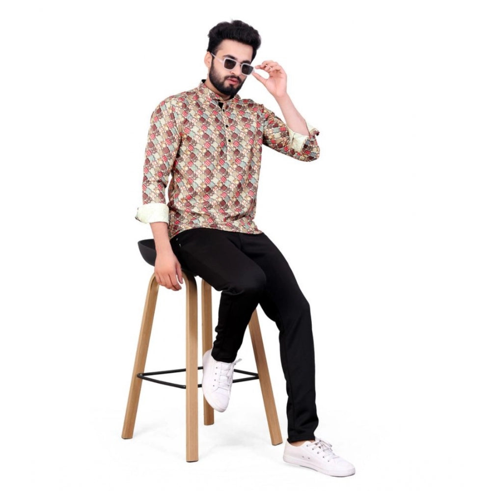 Men's cotton blend short kurta with a multicolor printed design