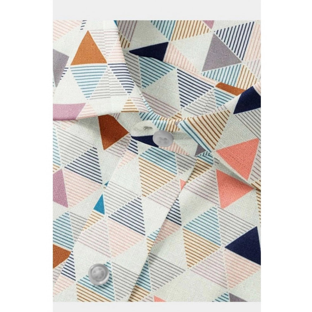 Multicolor cotton-blend men's printed full sleeve shirt with regular collar, vibrant design on display
