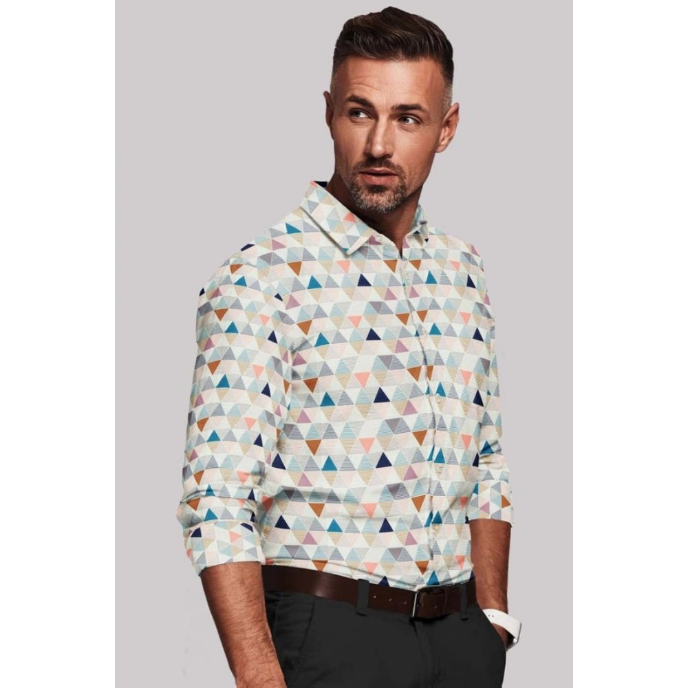 Multicolor cotton-blend men's printed full sleeve shirt, button closure with regular collar
