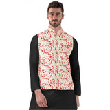 Mens red beige jacquard printed full sleeve waistcoat