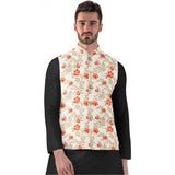 Black, cotton, full sleeve waistcoat with orange floral jacquard print