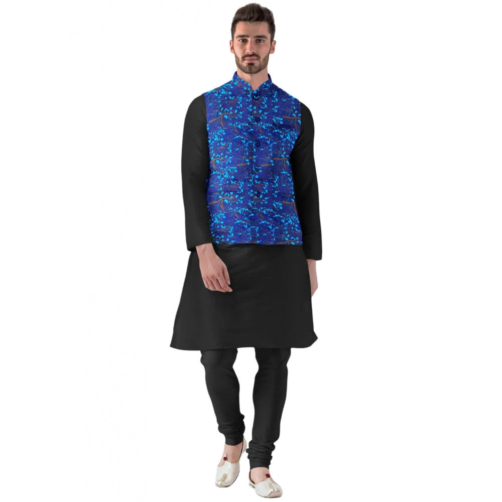 Blue jacquard printed full sleeve waistcoat with mandarin collar, button closure on mannequin