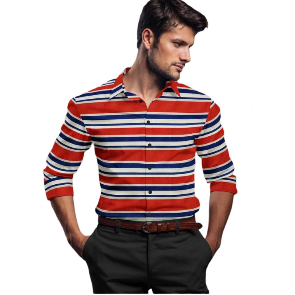 Red-Blue striped cotton blended men's full sleeve shirt on hanger