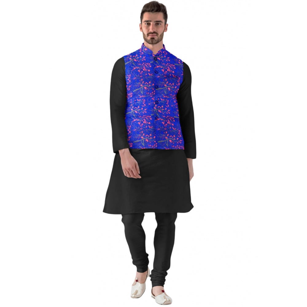 Blue jacquard printed full sleeve waistcoat with mandarin neck, button closure for men's formal wear