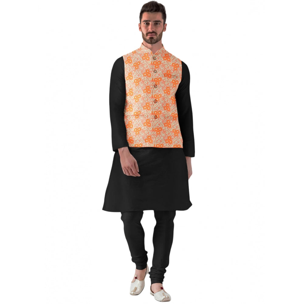 Orange jacquard printed men's waistcoat with mandarin collar and full sleeves