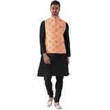 A man wearing a mens orange jacquard print full sleeve waistcoat