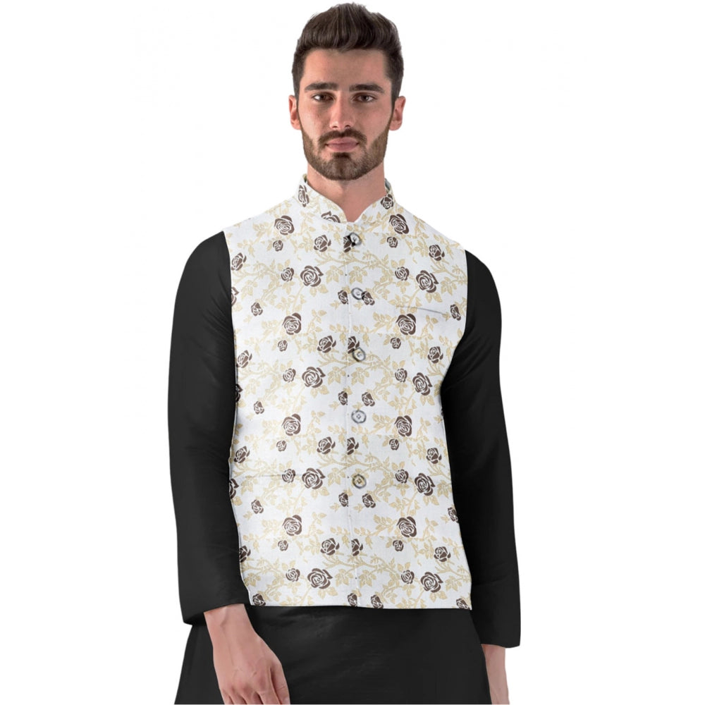 A beige mens' waistcoat with a jacquard printed design