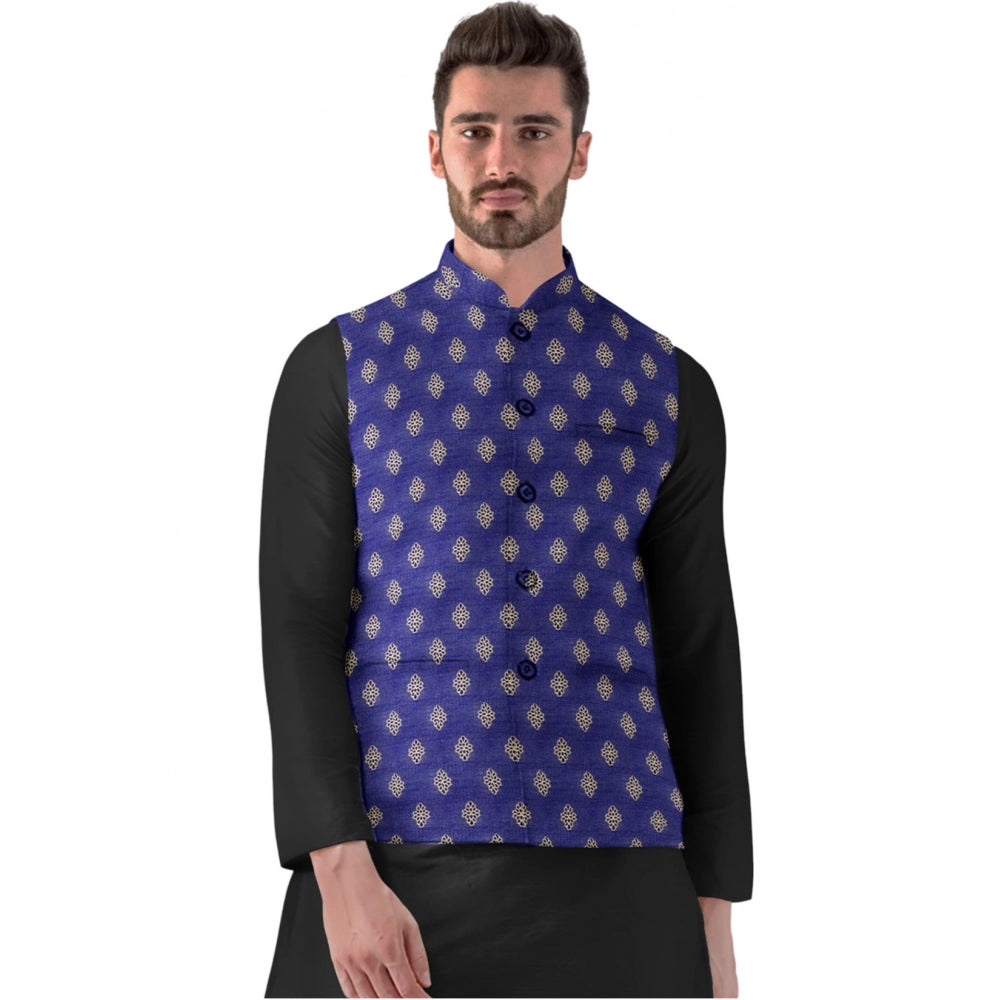 Blue jacquard printed full sleeve waistcoat with mandarin neck, button closure for men on mannequin