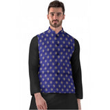 Blue jacquard printed full sleeve waistcoat with mandarin neck, button closure for men on mannequin