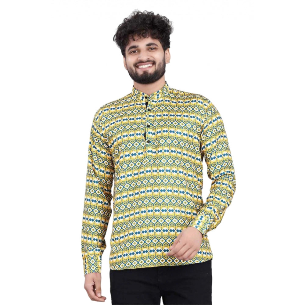 Men's short kurta, cotton blend fabric with multicolored print, full sleeve design