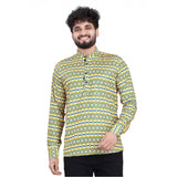 Men's short kurta, cotton blend fabric with multicolored print, full sleeve design