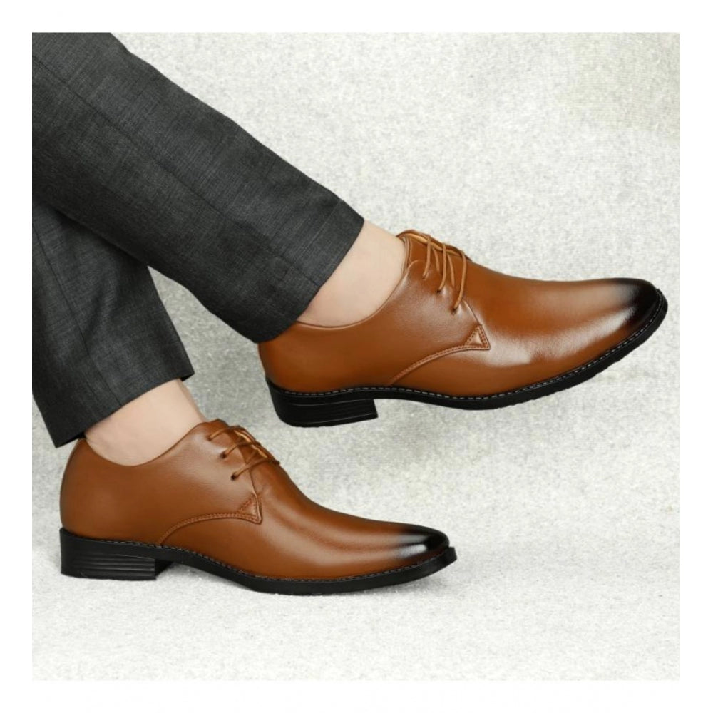 Tan faux leather formal shoes for men, lace-up flat heels