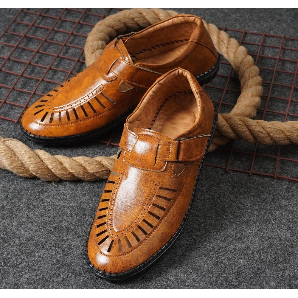 Men's faux leather tan sandals - flat, slip-on style for casual summer wear