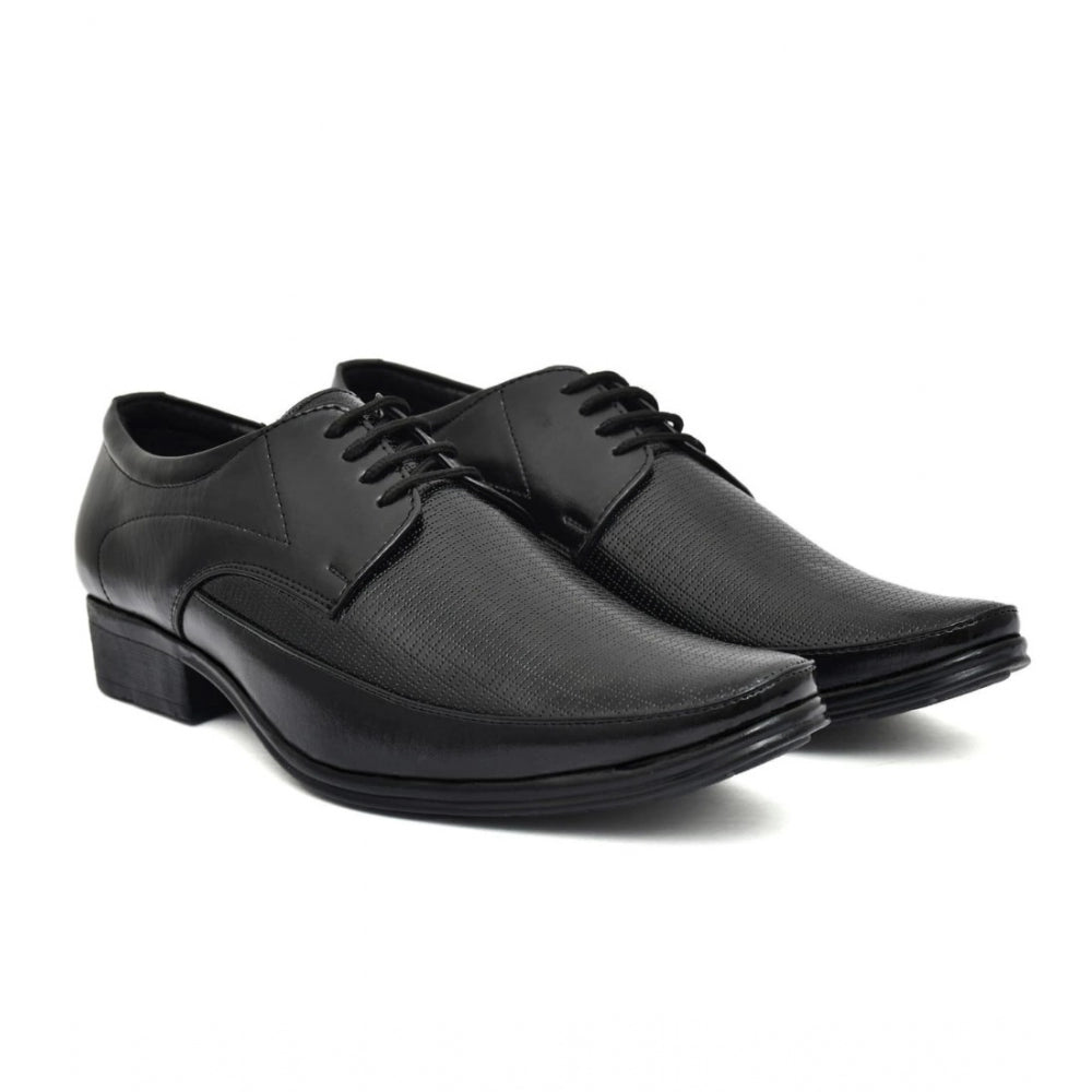 Black faux leather formal shoes for men, lace-up closure type on display stand