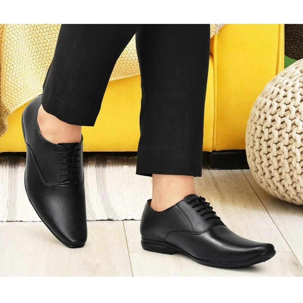 Men's black faux leather formal shoes - lace-up closure, flat heel style for dress occasions