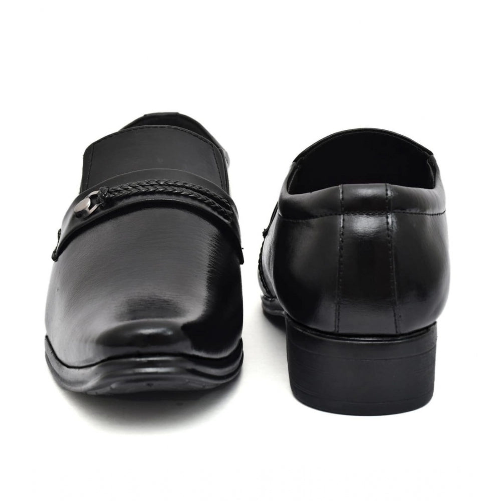 Black faux leather men's formal slip-on shoes, ideal for elegant occasions