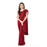 Red lycra solid saree with unstitched blouse (5.5 mtr), women's formal wear accessory on display rack