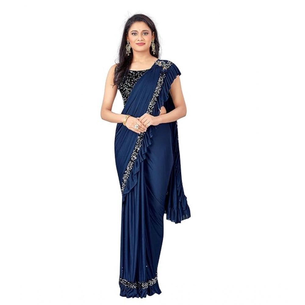 Nay Blue Lycra solid saree with unstitched blouse (5.5mtr) for women on hanger