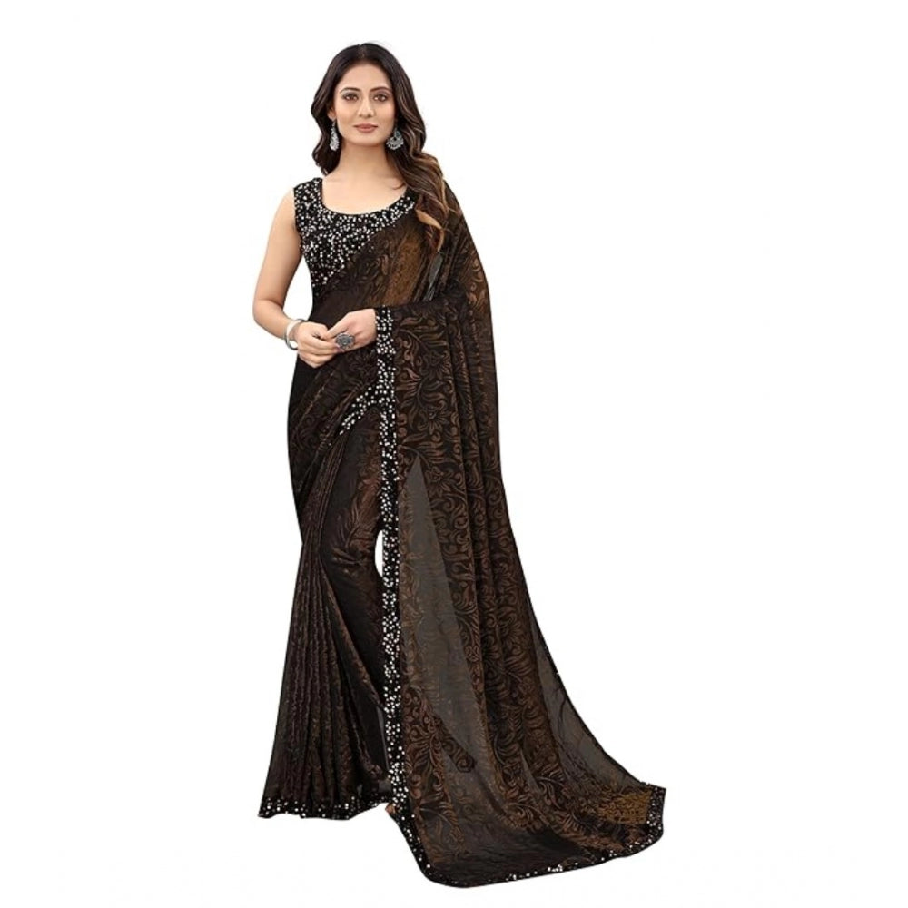 Brown Lycra floral saree with unstitched blouse (5.5mtr), vibrant floral design on women's wear