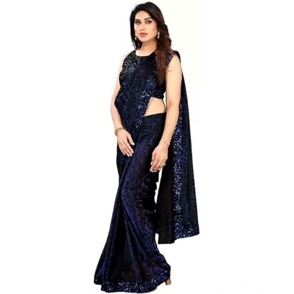 Blue Lycra floral saree with unstitched blouse (5.5 mtr), vibrant floral pattern for Indian women's fashion