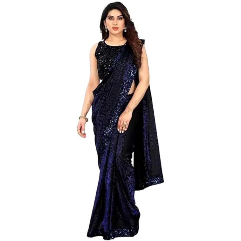 Blue Lycra floral saree with unstitched blouse, 5.5 mtr length for women's fashion