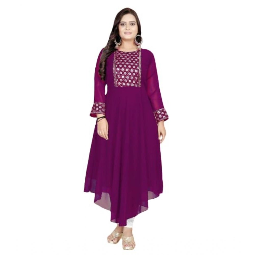 Purple georgette embroidered kurti, intricate patterns on calf-length round neck full sleeve design for women