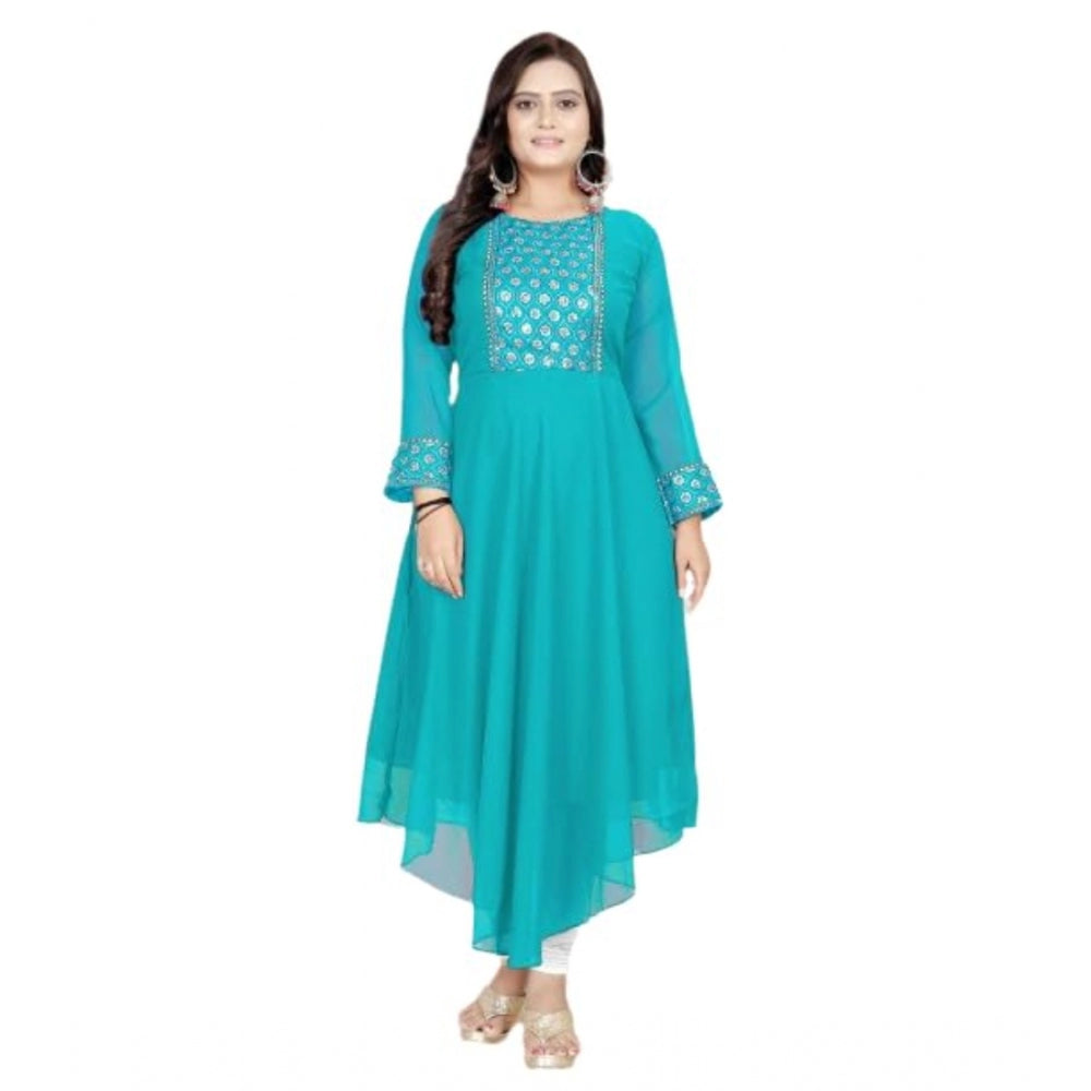 Georgette embroidered rama calf length kurti for women, round neck, full sleeve