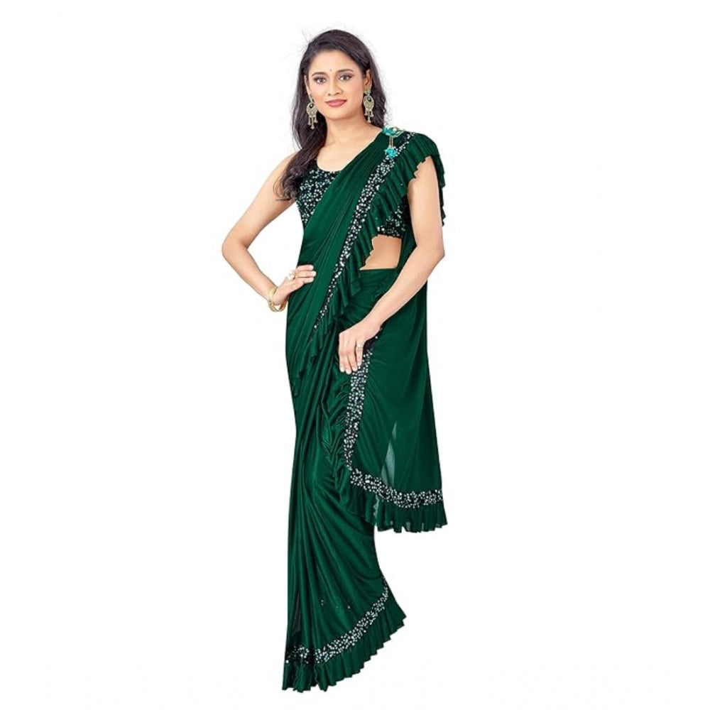 Green Lycra solid saree with unstitched blouse (5.5mtr), women's traditional Indian wear for festivals