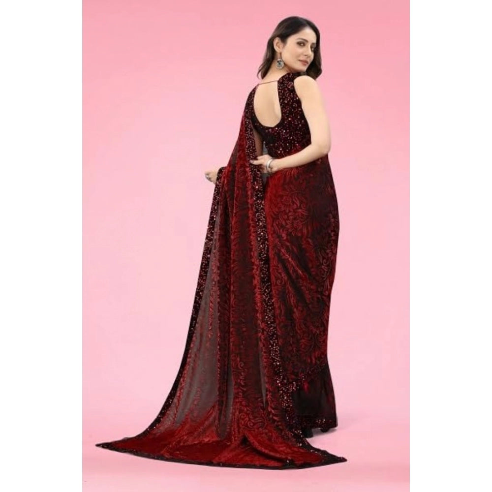 Maroon Lycra floral saree with unstitched blouse (5.5 mtr), high-quality women's fashion wear