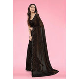 Brown Lycra floral saree with unstitched blouse (5.5 mtr), perfect for traditional occasions